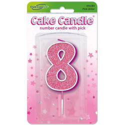 Glitter No.8 Birthday Candle 7.5cm Pink/Silver Glitter