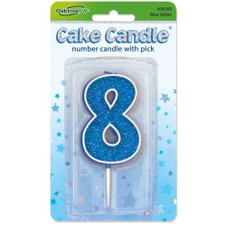 Glitter No.8 Birthday Candle 7.5cm Blue/Silver Glitter