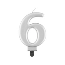 Birthday candle number 6, metallic silver, 8.0 cm