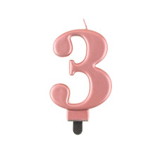 Birthday candle number 3, metallic rosegold, 8.0 cm