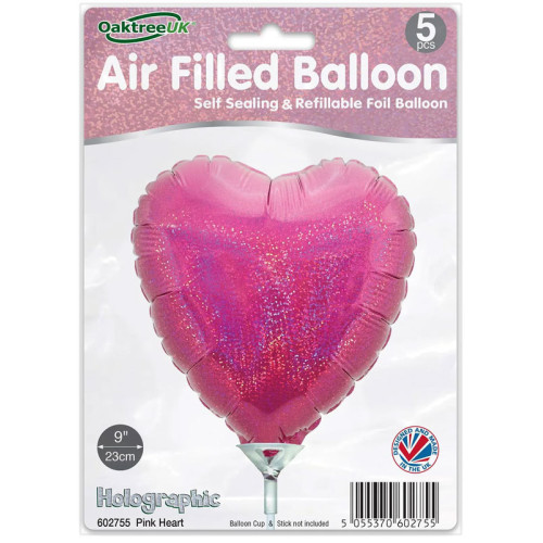 9 inch Holographic Pink Heart Packaged x 5pcs foil balloon