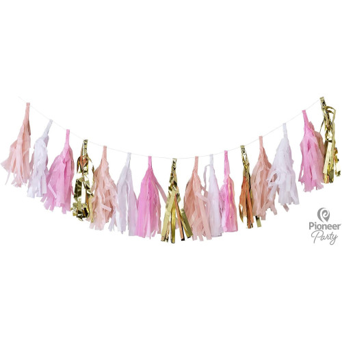 Pink, White & Gold Tassels
2m (16 tassels)
16 pre-threaded tassels on 2m string