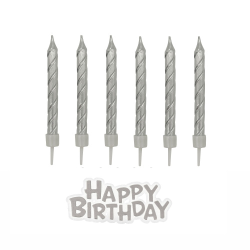 Silver Candles with Birthday topper 12 count Silver Candles with Birthday topper 12 count