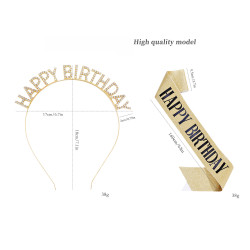Gold Party Headband and Sash "HAPPY BIRTHDAY" - Gold Sash and black text