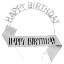 طوق رأس ووشاح فضي - عيد ميلاد سعيد - وشاح ذهفضيبي وكتابة سوداء