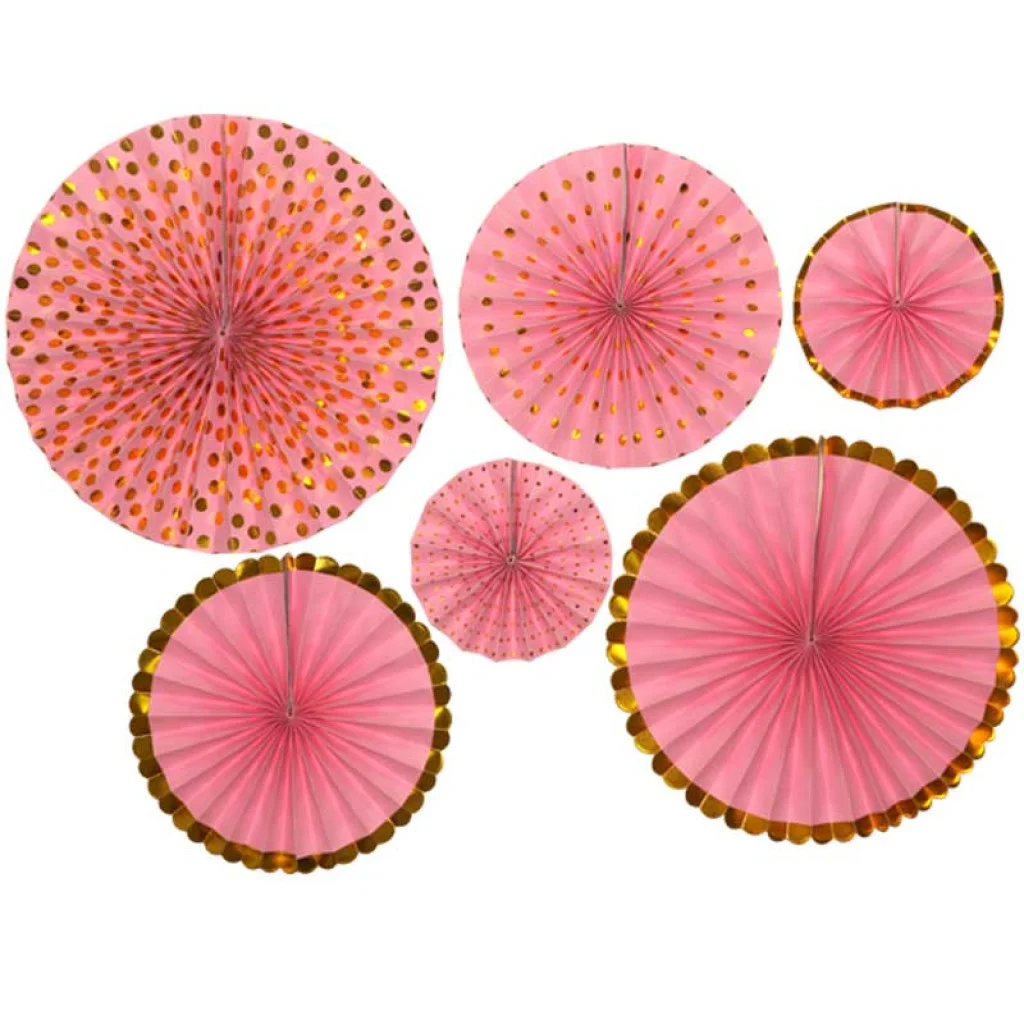 Set of 6 Vibrant Pink and Metallic Hanging Paper Fans | Winner Party
