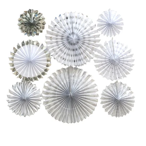 Set of 8 Vibrant Silver and white Metallic Hanging Paper Fans | Winner ...