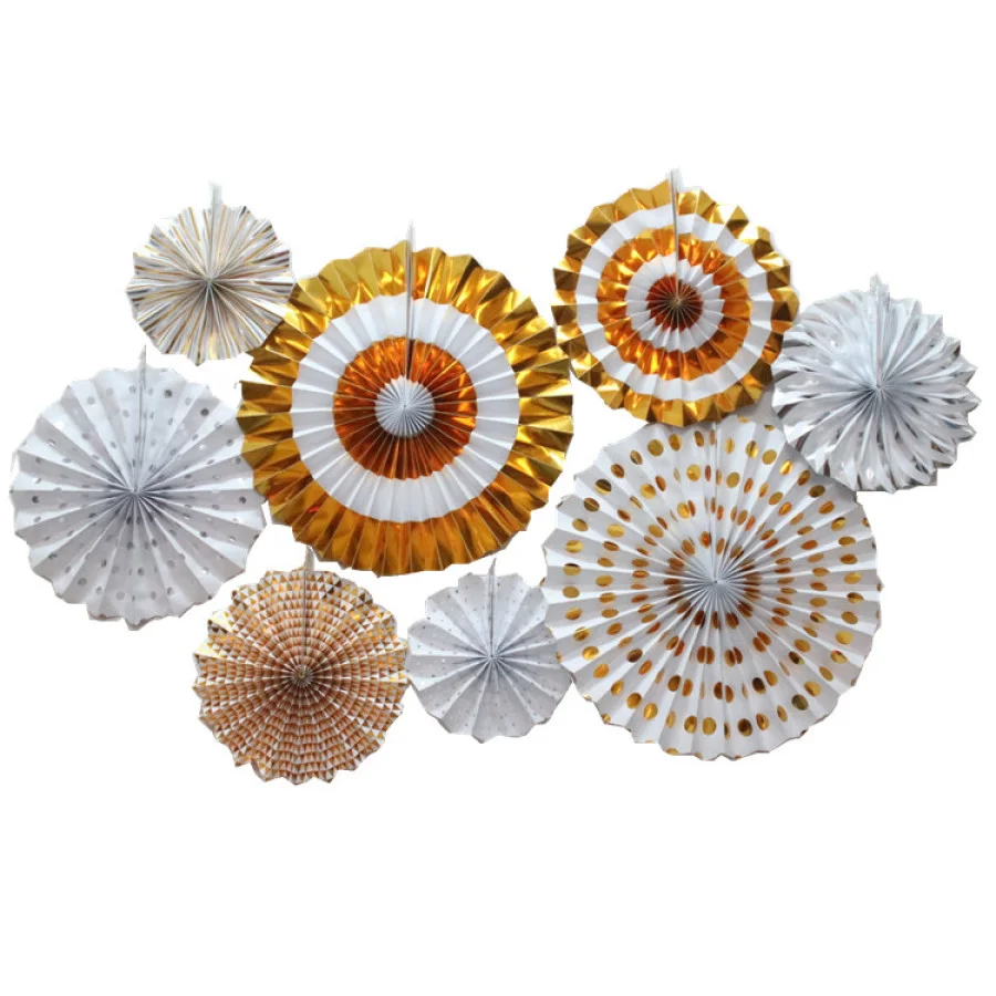 Set of 8 Vibrant gold and white Metallic Hanging Paper Fans style 2 ...