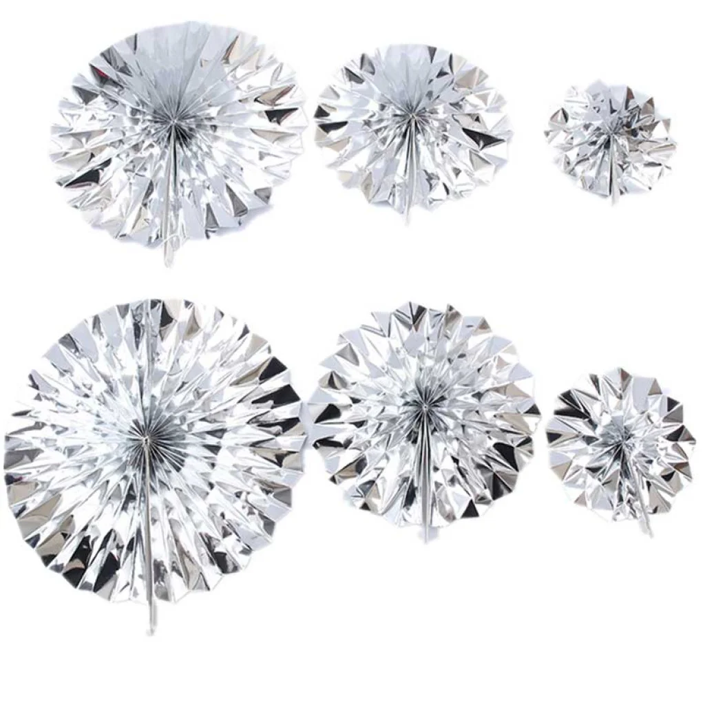 Set of 6 Vibrant Silver Metallic Hanging Paper Fans | Winner Party
